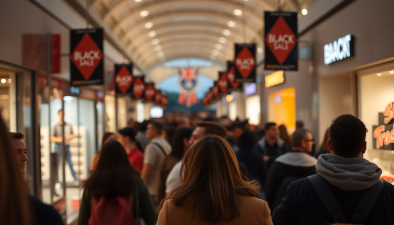 shopping mall crowd during Black Friday sales in editorial style