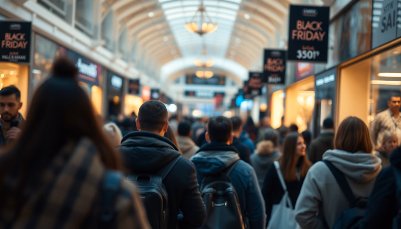 shopping mall crowd during Black Friday sales in editorial style