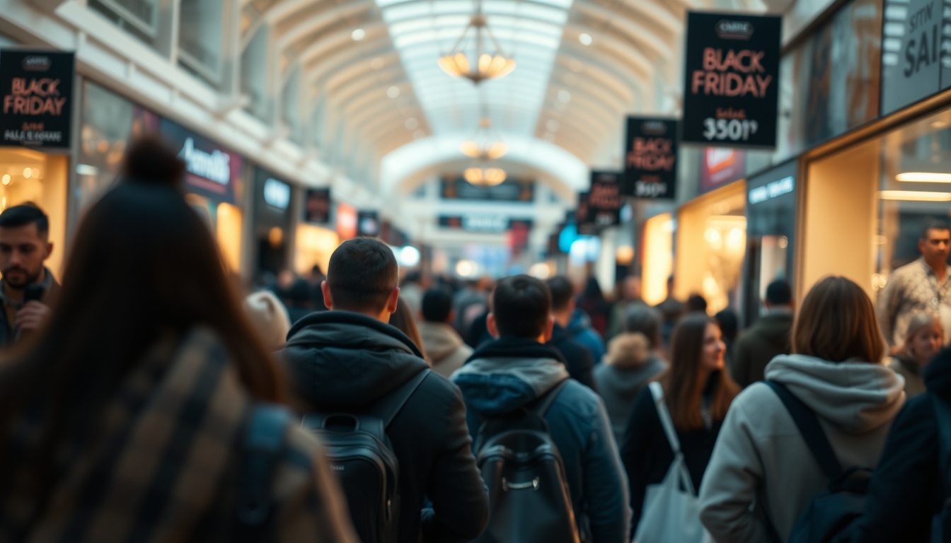 shopping mall crowd during Black Friday sales in editorial style