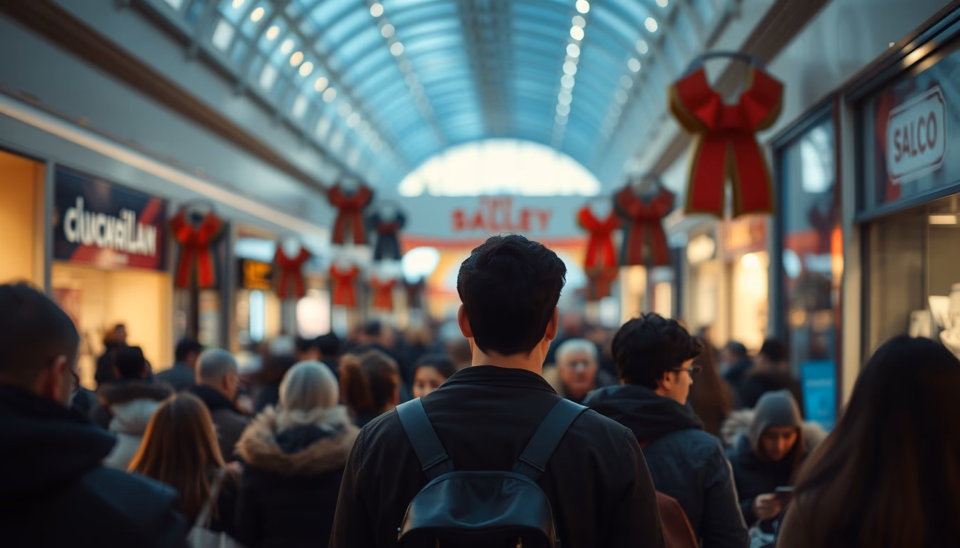 shopping mall crowd during Black Friday sales in editorial style