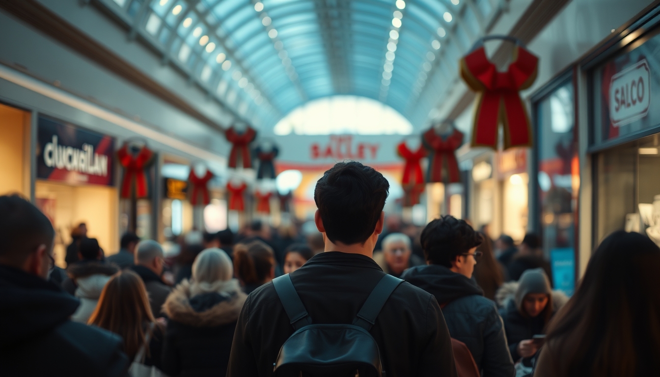 shopping mall crowd during Black Friday sales in editorial style