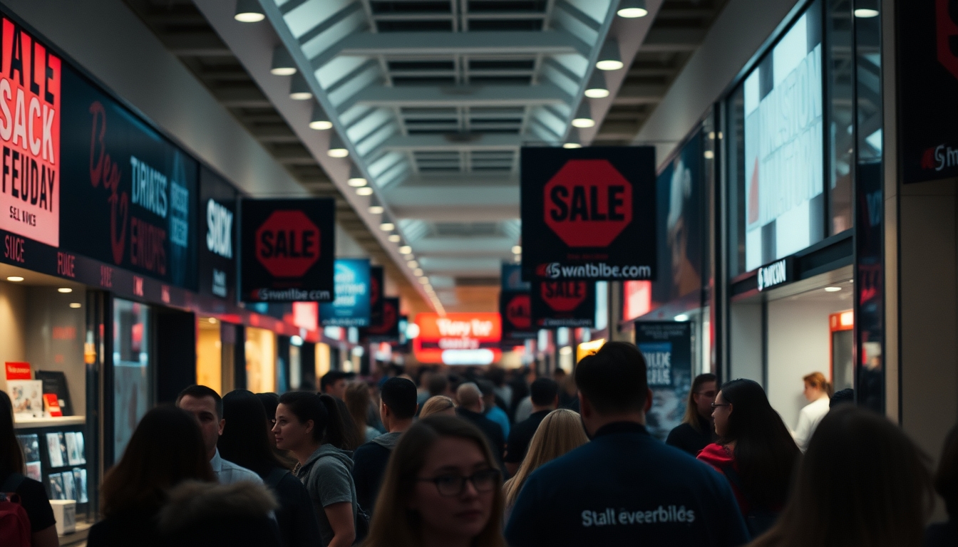 shopping mall crowd during Black Friday sales in editorial style