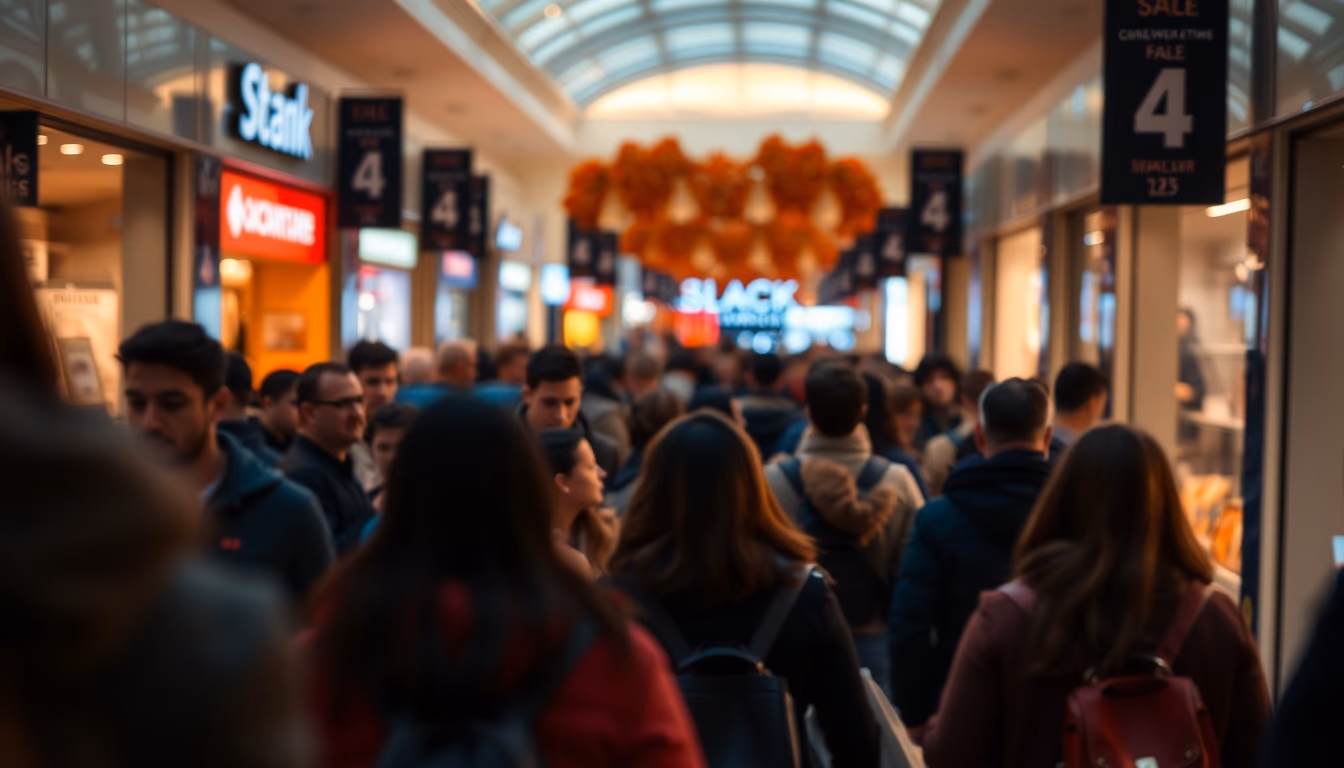shopping mall crowd during Black Friday sales in editorial style