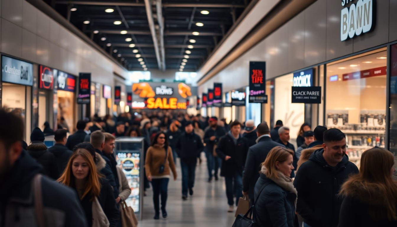shopping mall crowd during Black Friday sales in editorial style