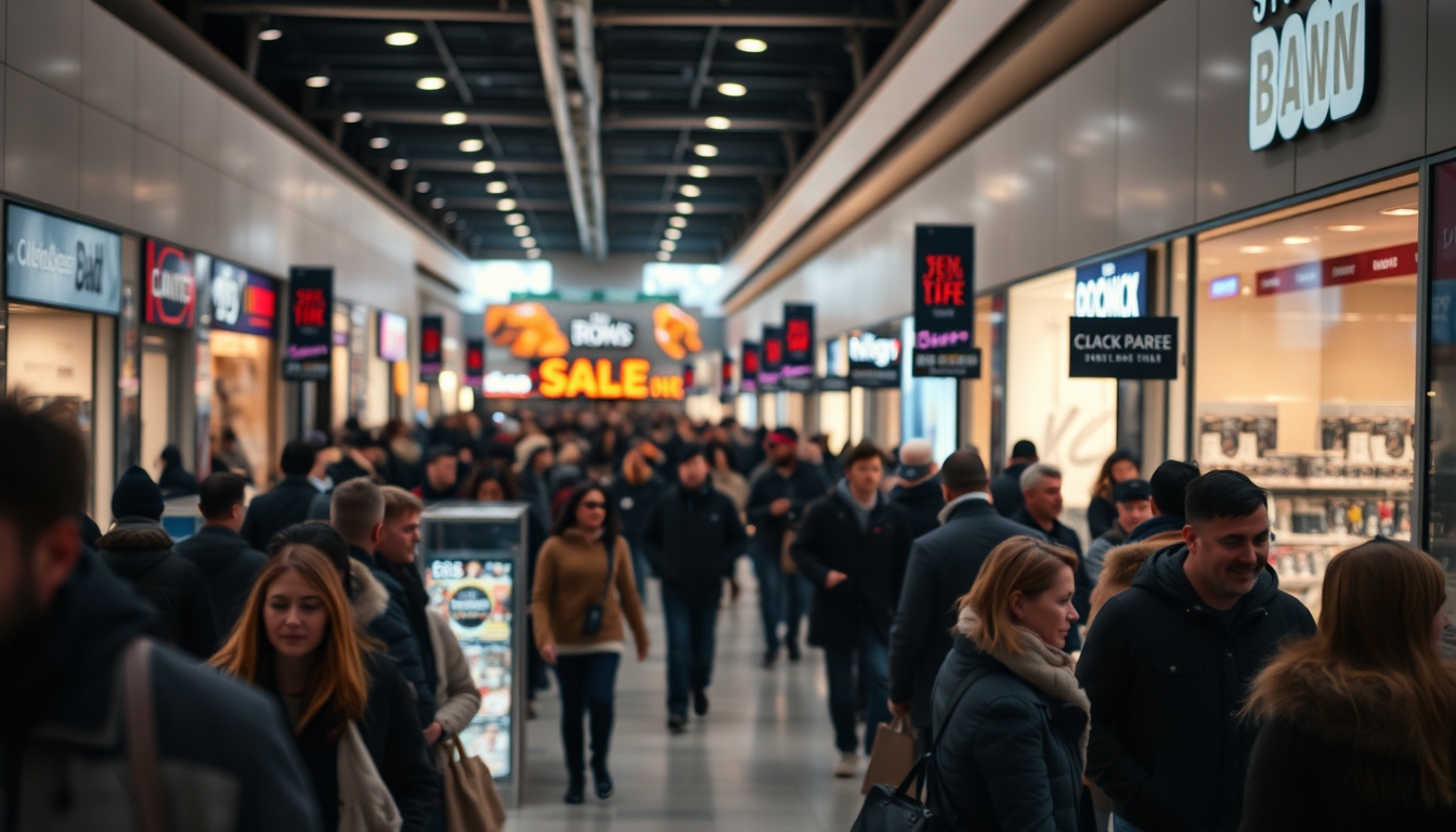 Shopping mall crowd during Black Friday sales em estilo editorial