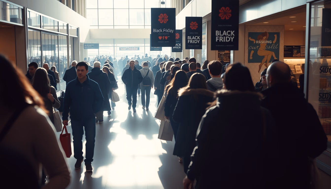 shopping mall crowd during Black Friday sales in editorial style
