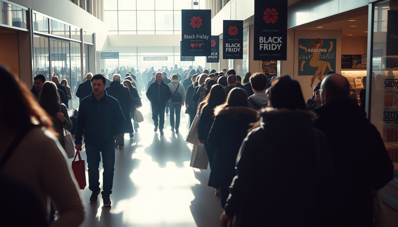 shopping mall crowd during Black Friday sales in editorial style