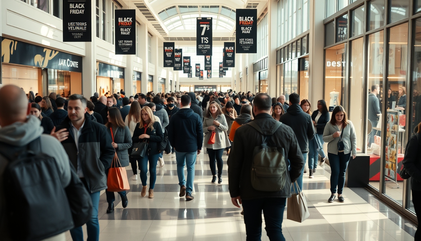 shopping mall crowd during Black Friday sales in editorial style
