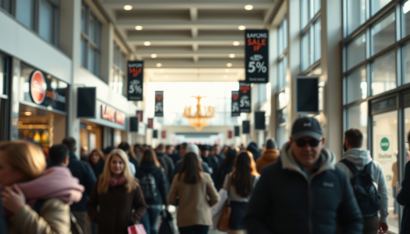 shopping mall crowd during Black Friday sales in editorial style