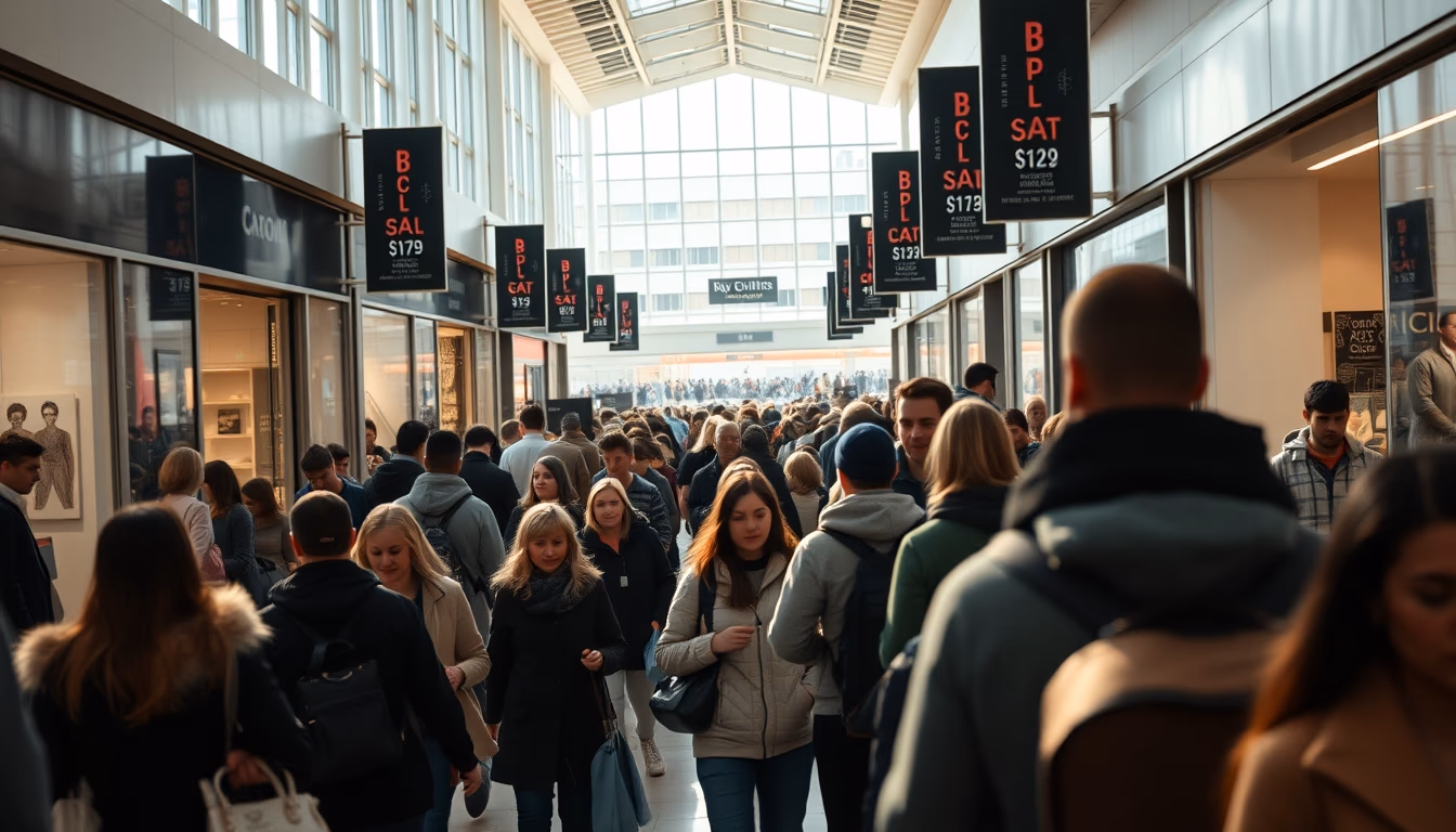 shopping mall crowd during Black Friday sales in editorial style