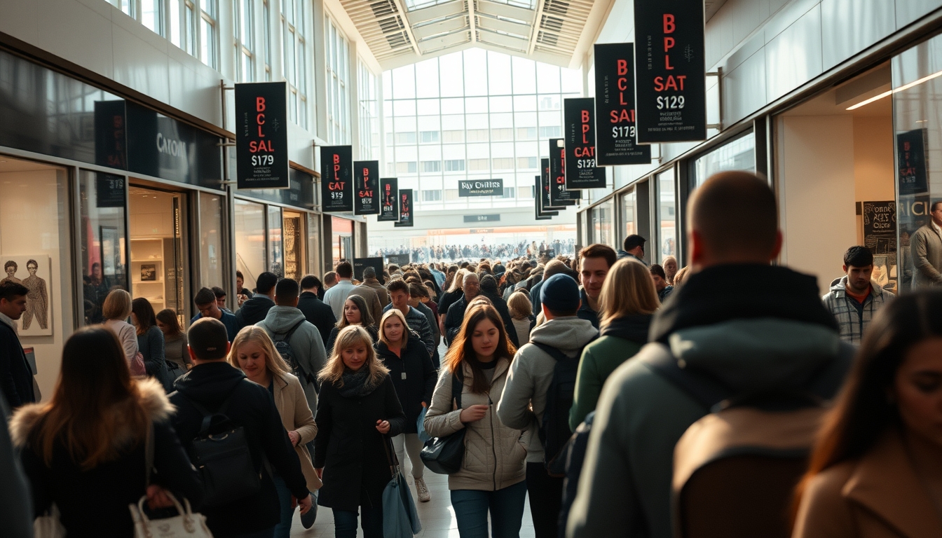 shopping mall crowd during Black Friday sales in editorial style