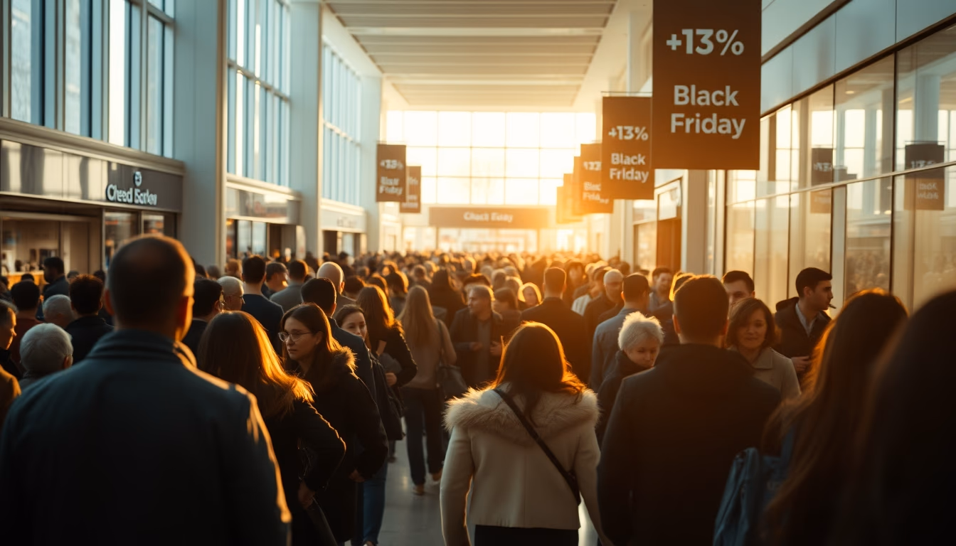 shopping mall crowd during Black Friday sales in editorial style