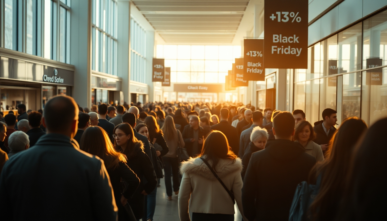 shopping mall crowd during Black Friday sales in editorial style