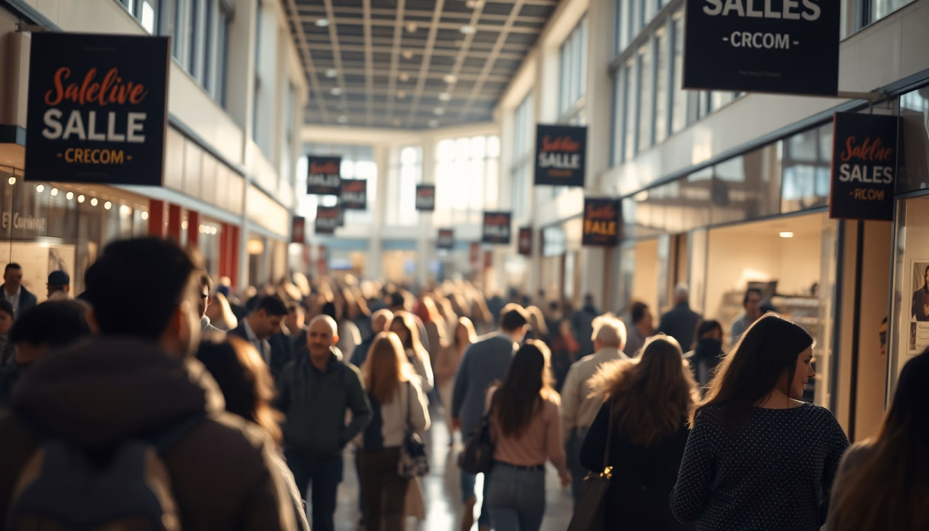 shopping mall crowd during Black Friday sales in editorial style