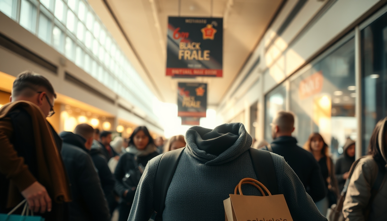 shopping mall crowd during Black Friday sales in editorial style