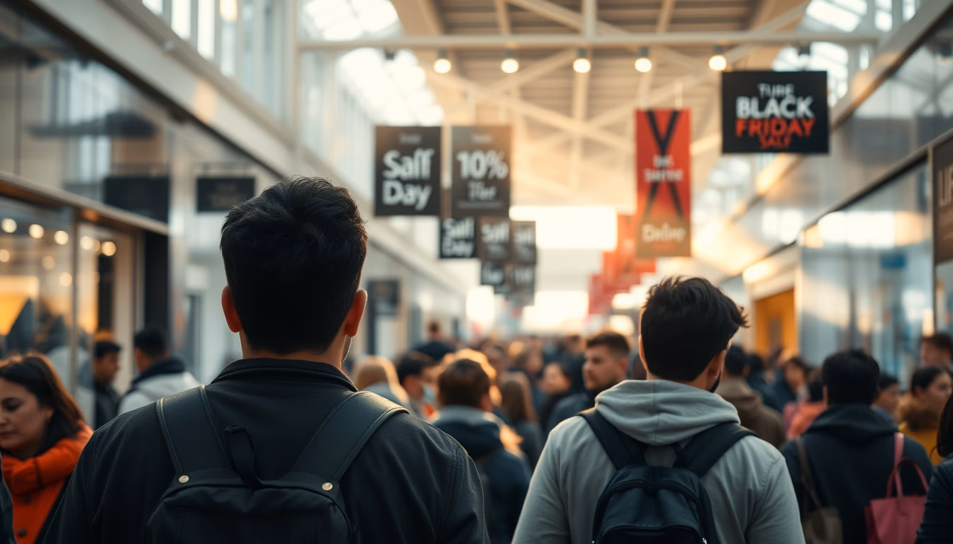 shopping mall crowd during Black Friday sales in editorial style