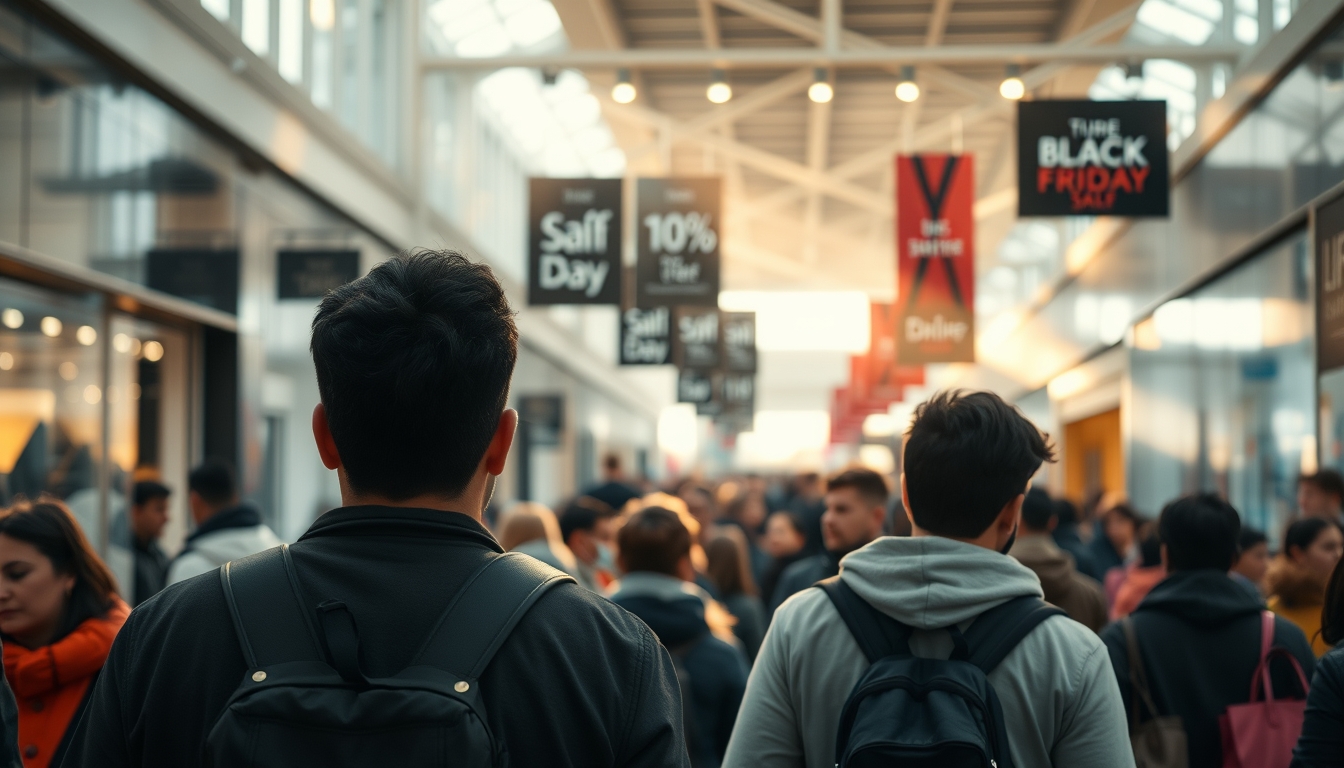 shopping mall crowd during Black Friday sales in editorial style