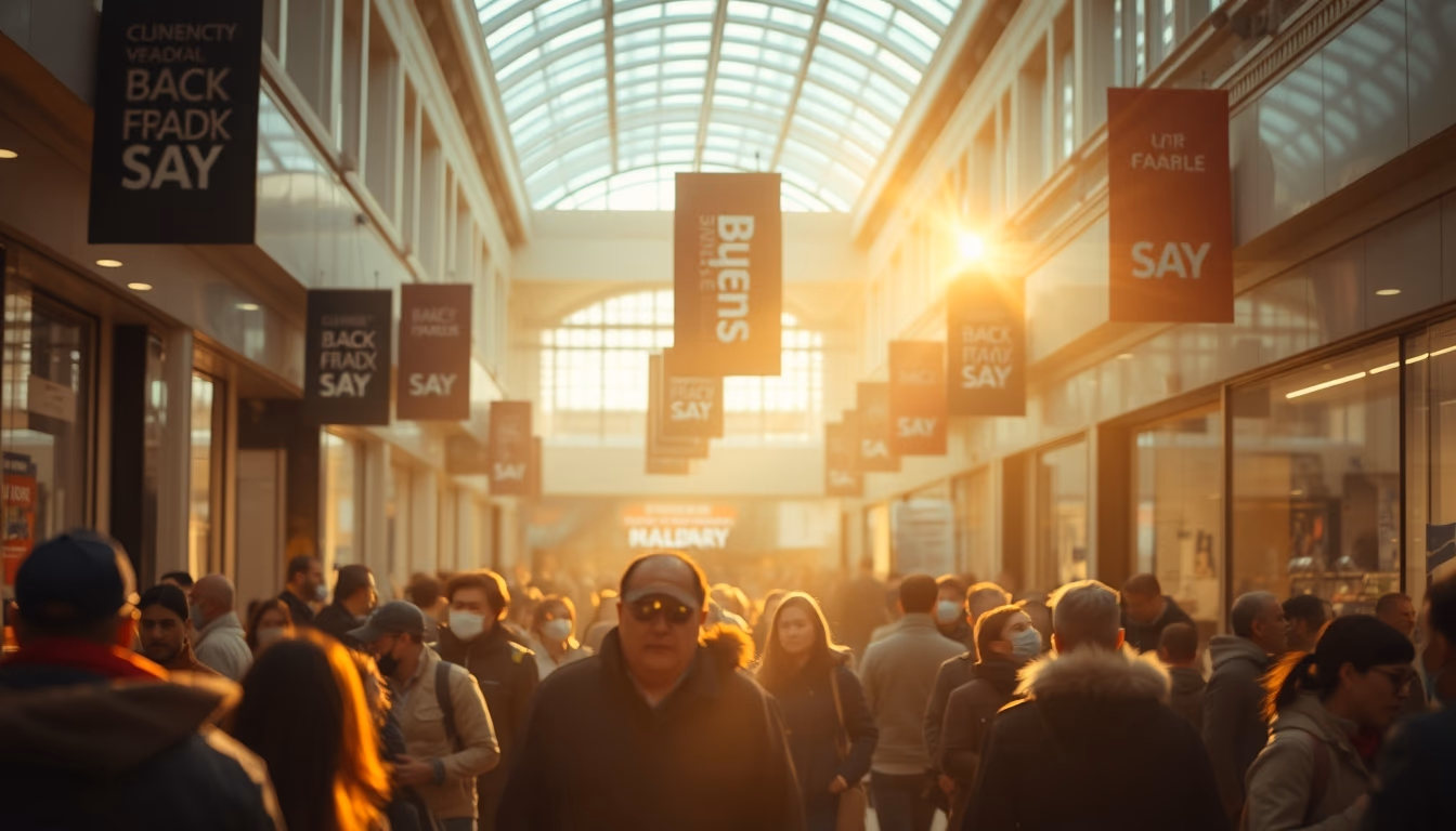 shopping mall crowd during Black Friday sales in editorial style