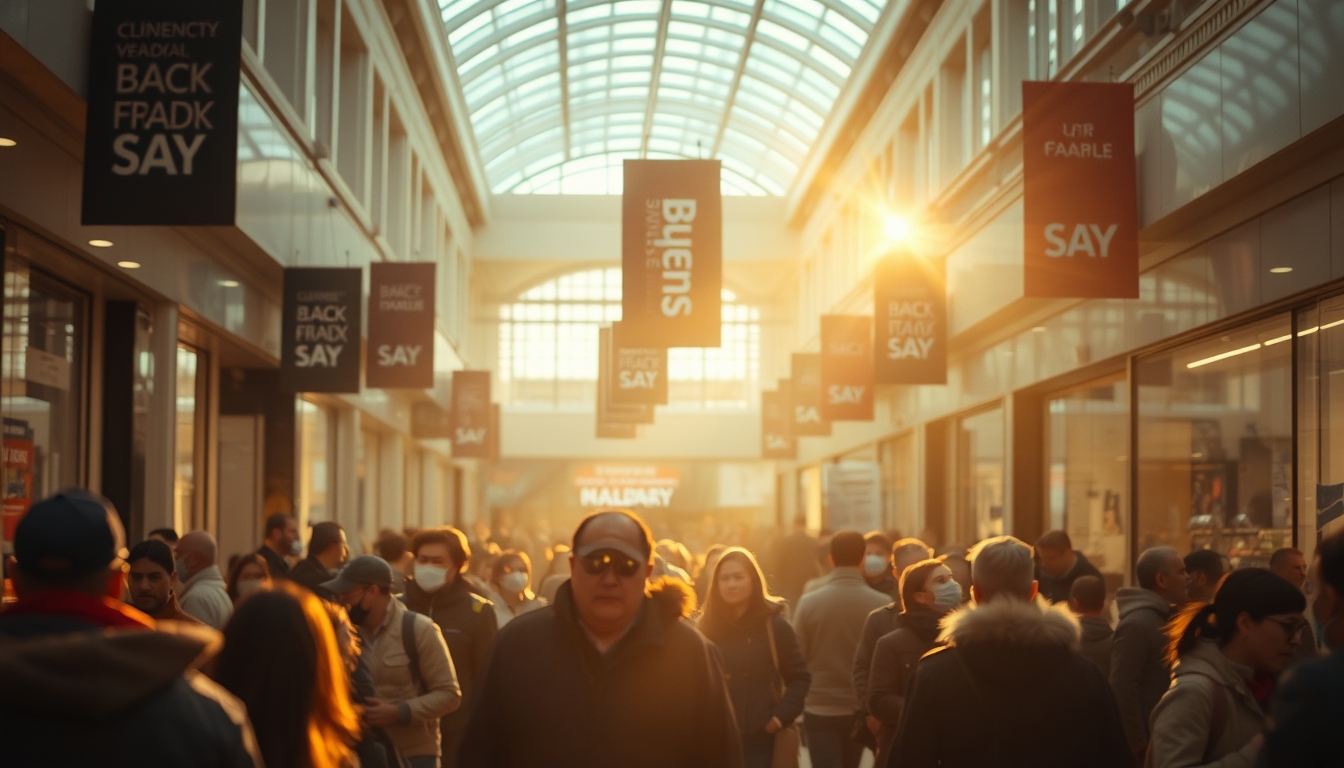 shopping mall crowd during Black Friday sales in editorial style