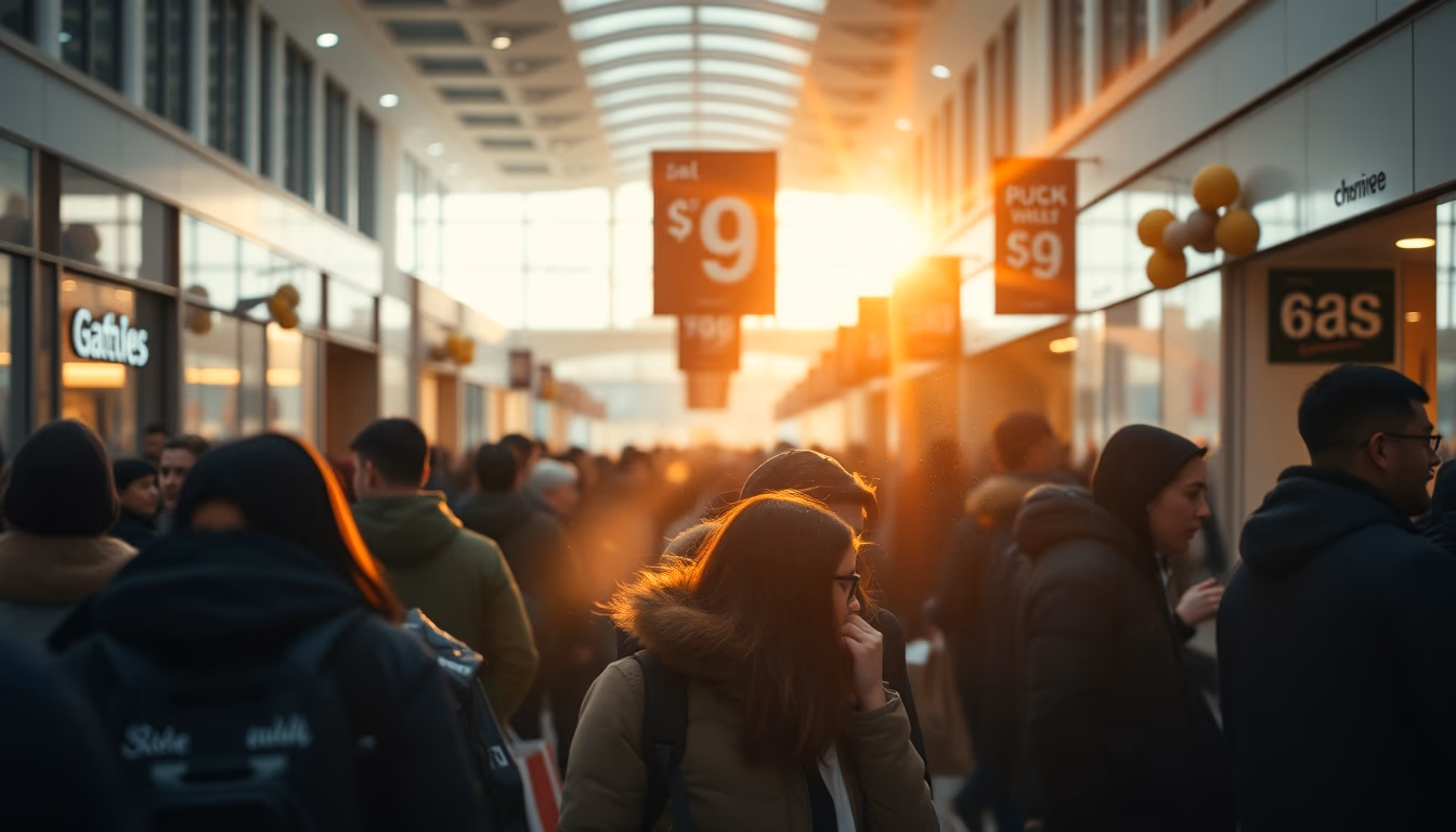 shopping mall crowd during Black Friday sales in editorial style