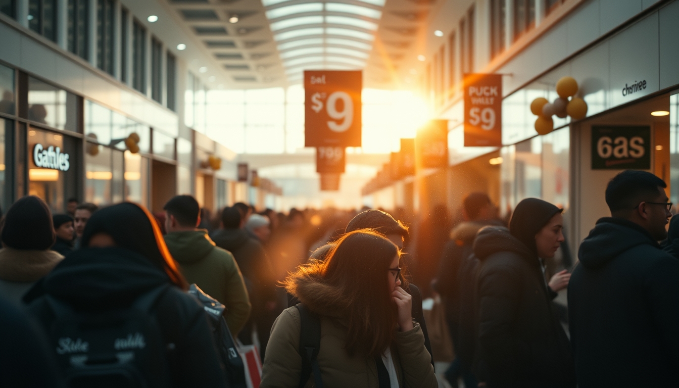shopping mall crowd during Black Friday sales in editorial style