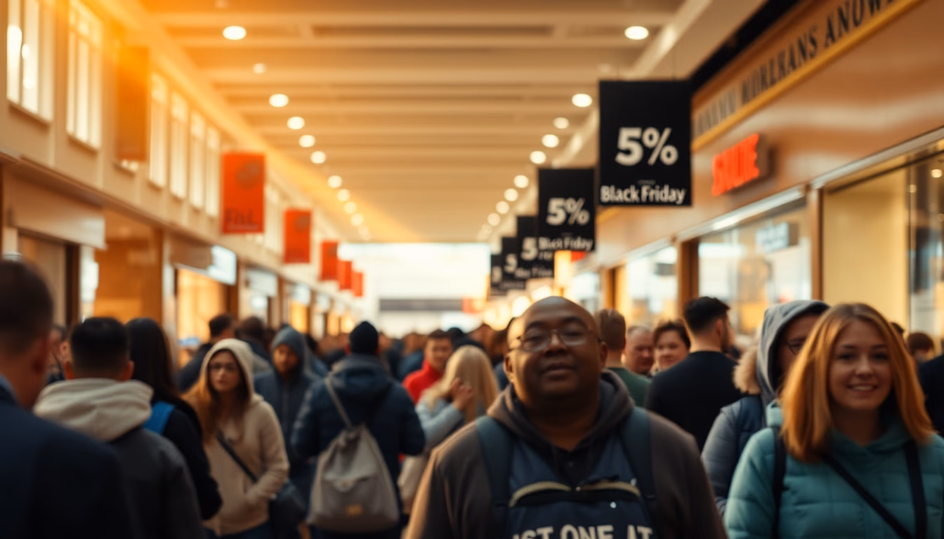 shopping mall crowd during Black Friday sales in editorial style