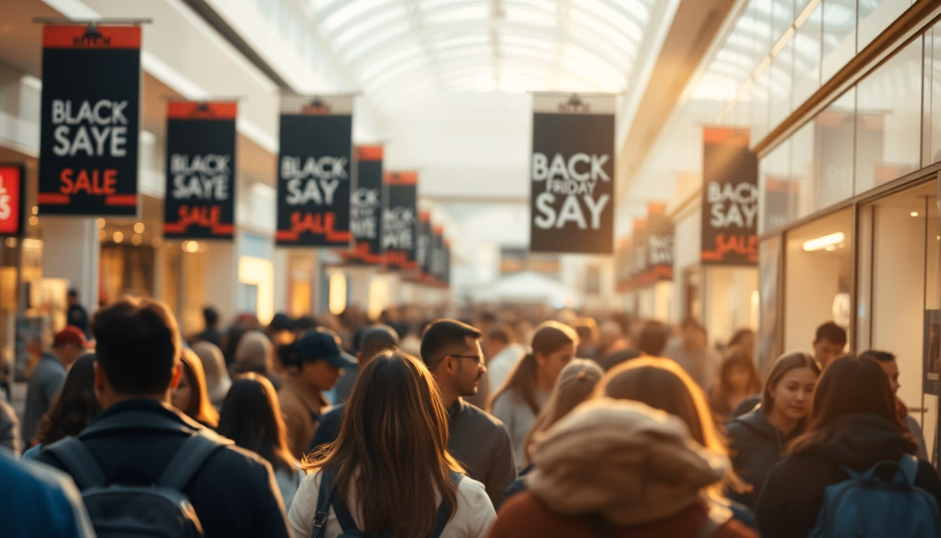 shopping mall crowd during Black Friday sales in editorial style