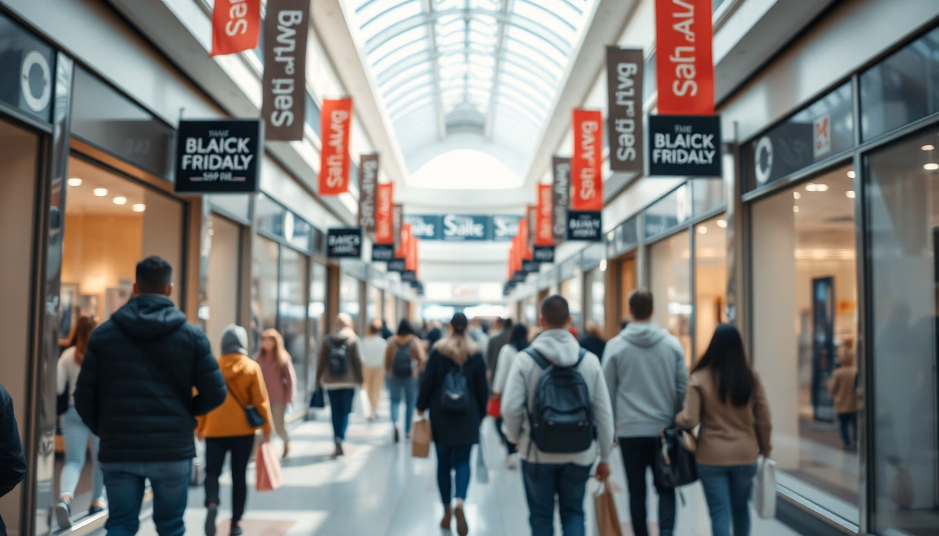 shopping mall crowd during Black Friday sales in editorial style