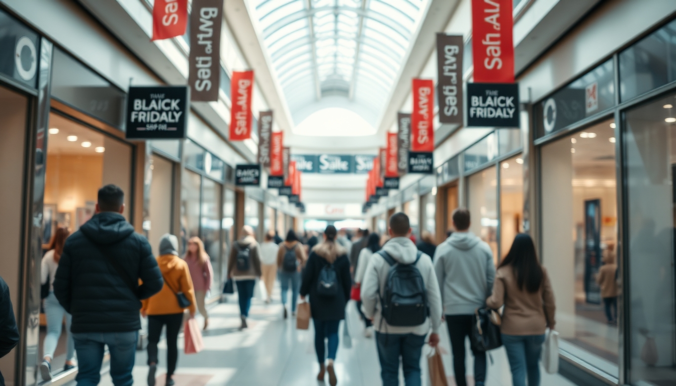 shopping mall crowd during Black Friday sales in editorial style