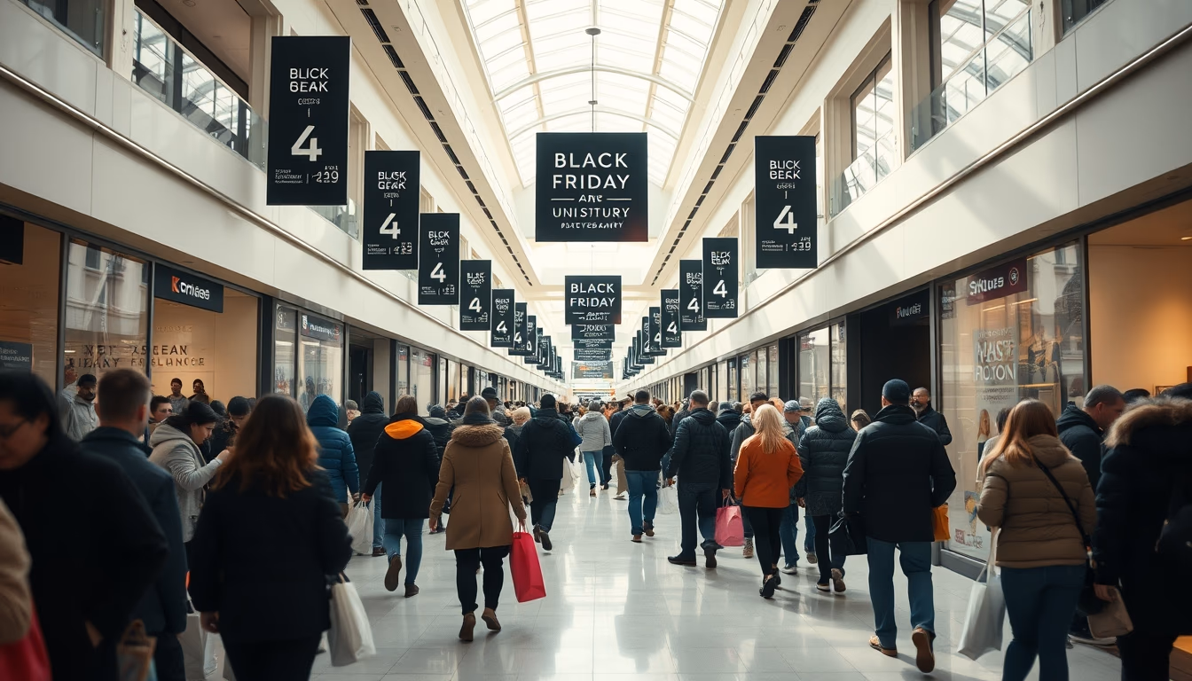 shopping mall crowd during Black Friday sales in editorial style