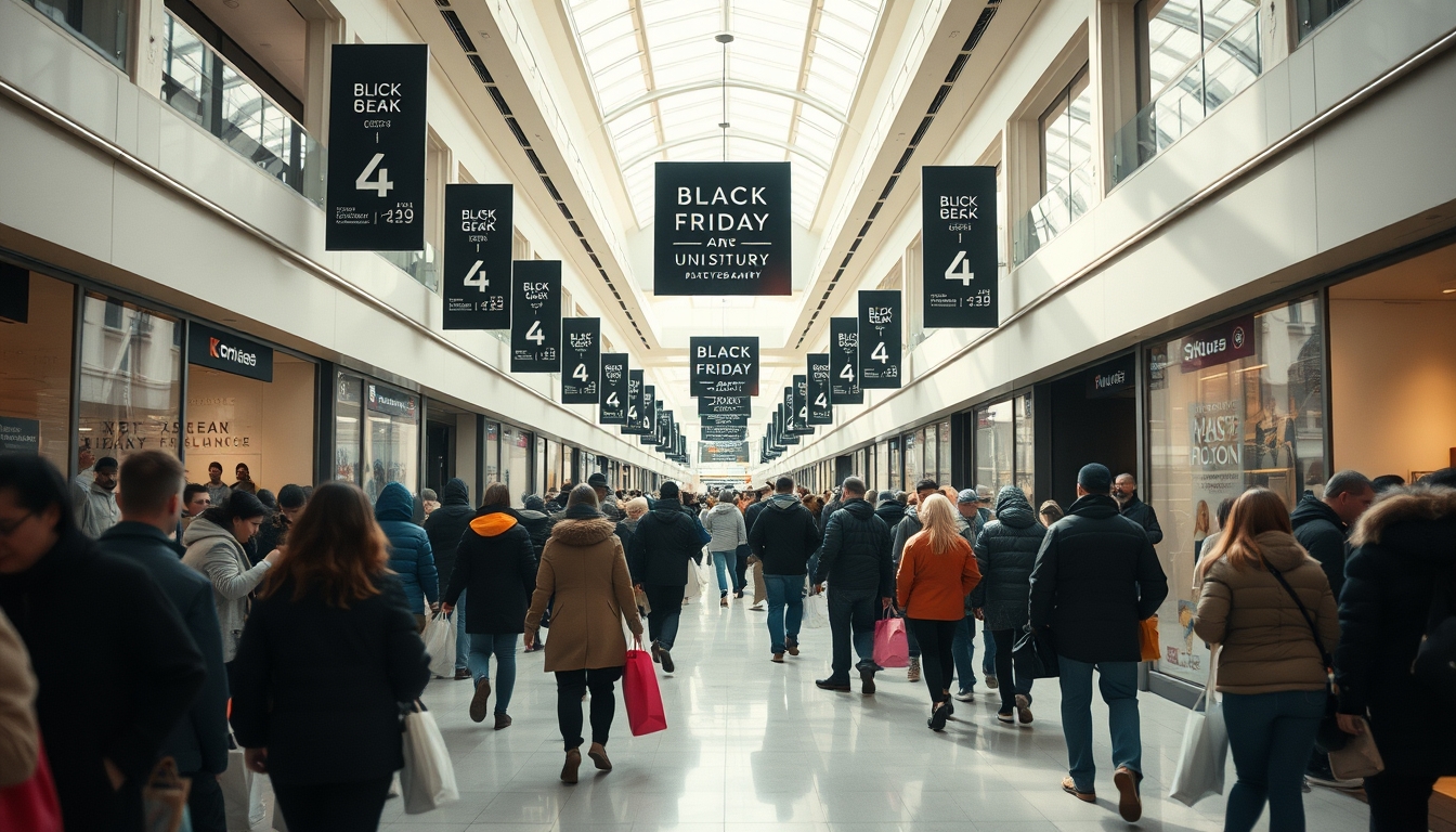 shopping mall crowd during Black Friday sales in editorial style