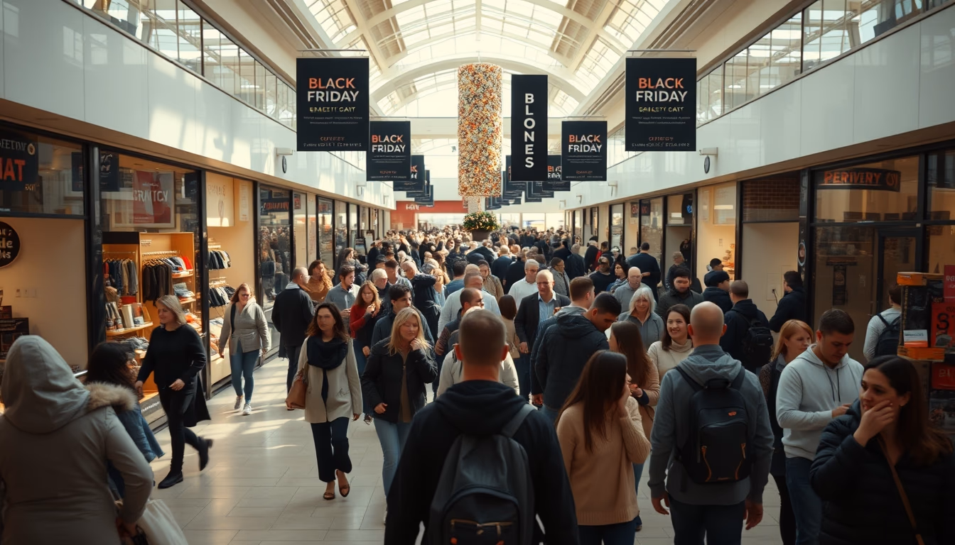 shopping mall crowd during Black Friday sales in editorial style
