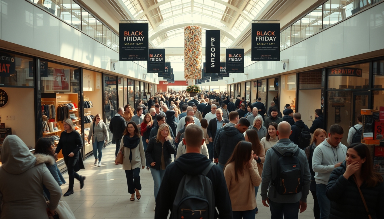 shopping mall crowd during Black Friday sales in editorial style