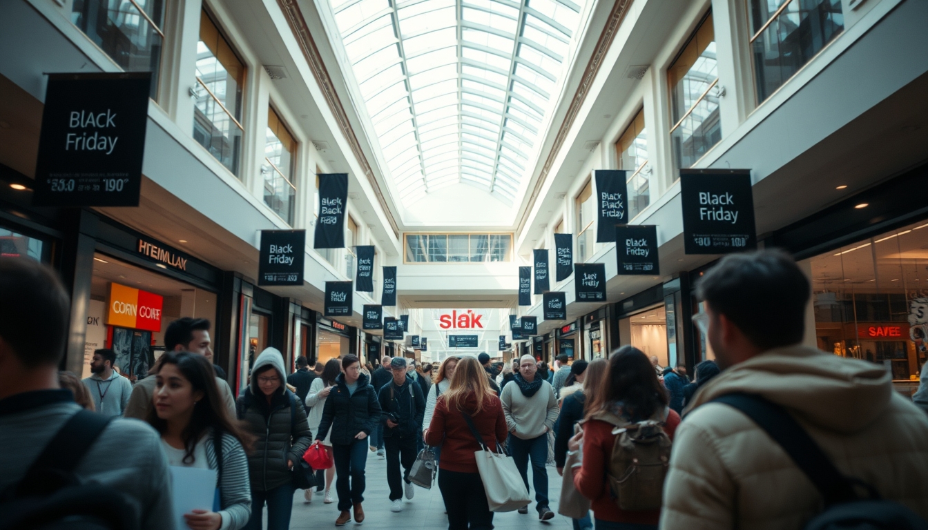 shopping mall crowd during Black Friday sales in editorial style