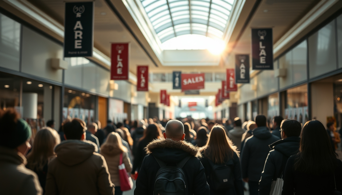 shopping mall crowd during Black Friday sales in editorial style