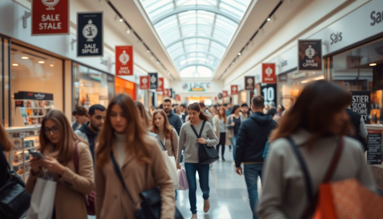 shopping mall crowd during Black Friday sales in editorial style