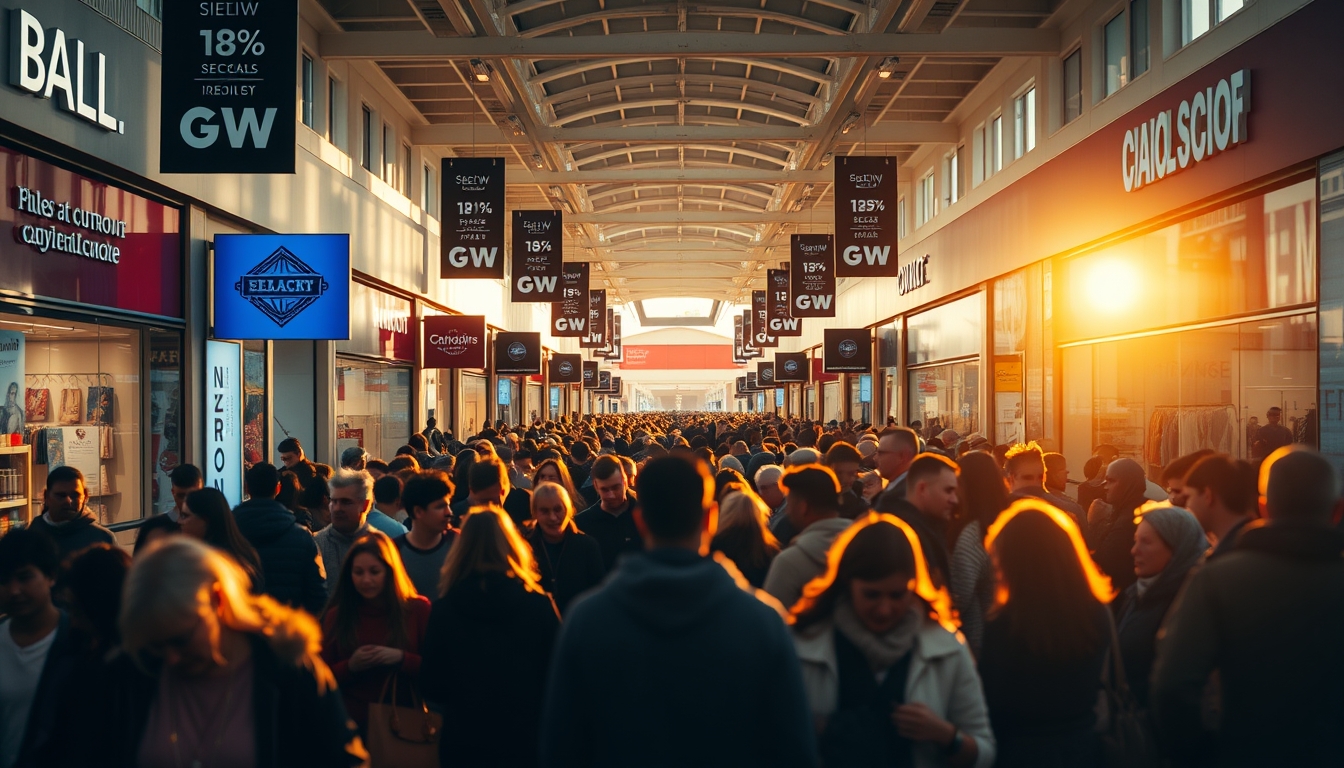 shopping mall crowd during Black Friday sales in editorial style