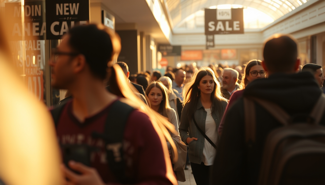 shopping mall crowd during Black Friday sales in editorial style
