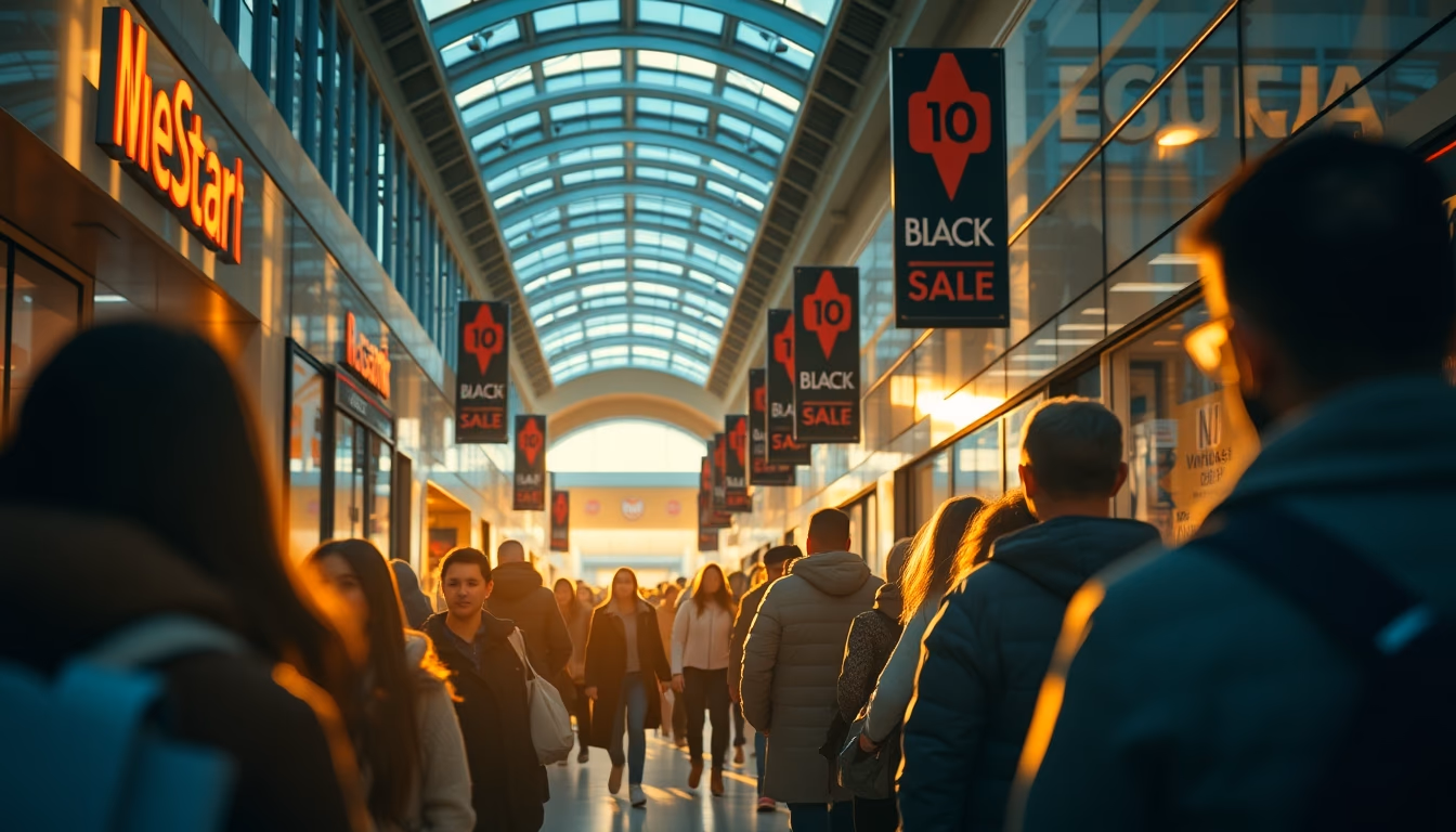 shopping mall crowd during Black Friday sales in editorial style