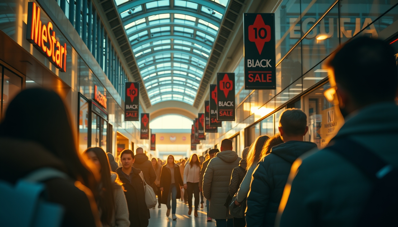 shopping mall crowd during Black Friday sales in editorial style