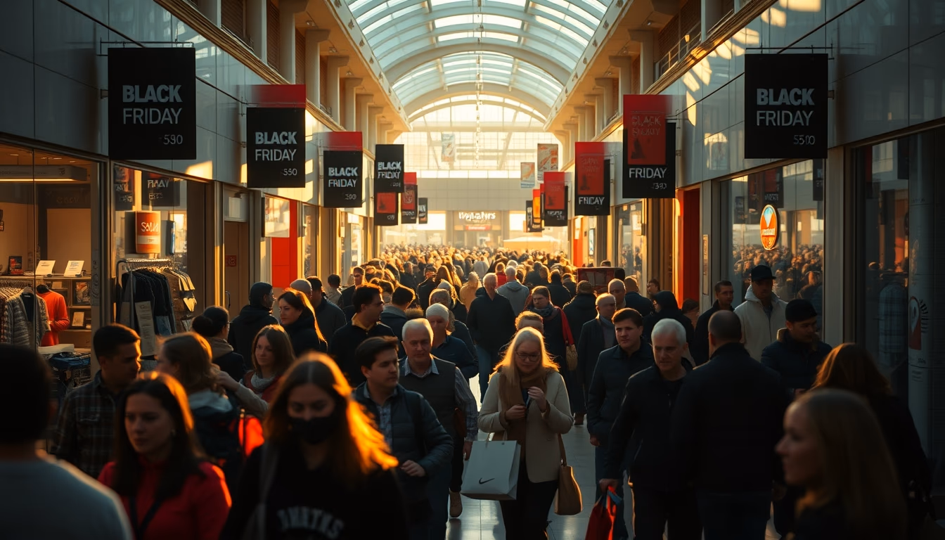shopping mall crowd during Black Friday sales in editorial style