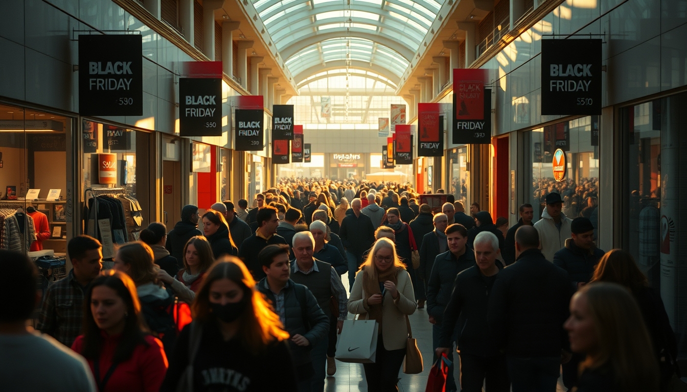 shopping mall crowd during Black Friday sales in editorial style
