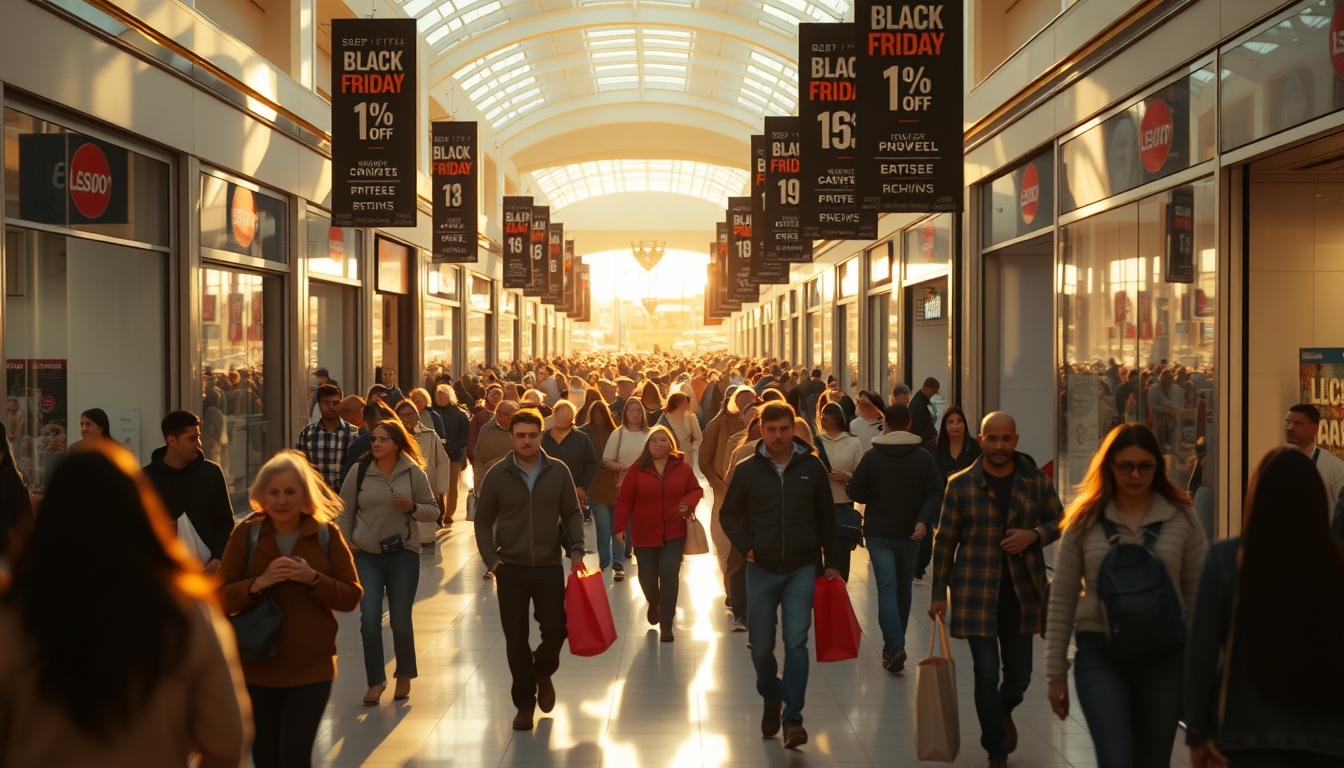 shopping mall crowd during Black Friday sales in editorial style