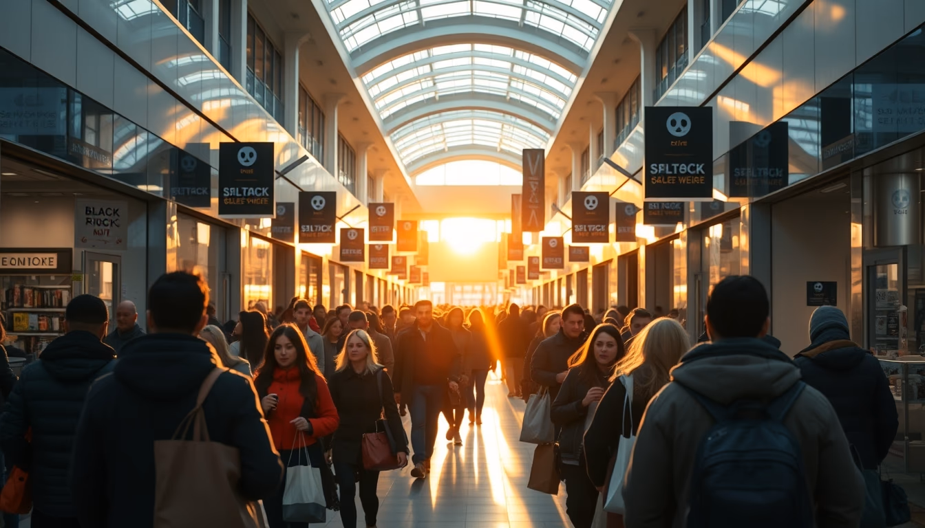 shopping mall crowd during Black Friday sales in editorial style