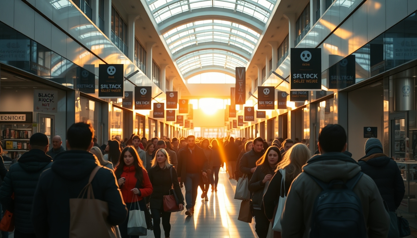 Shopping mall crowd during Black Friday sales em estilo editorial