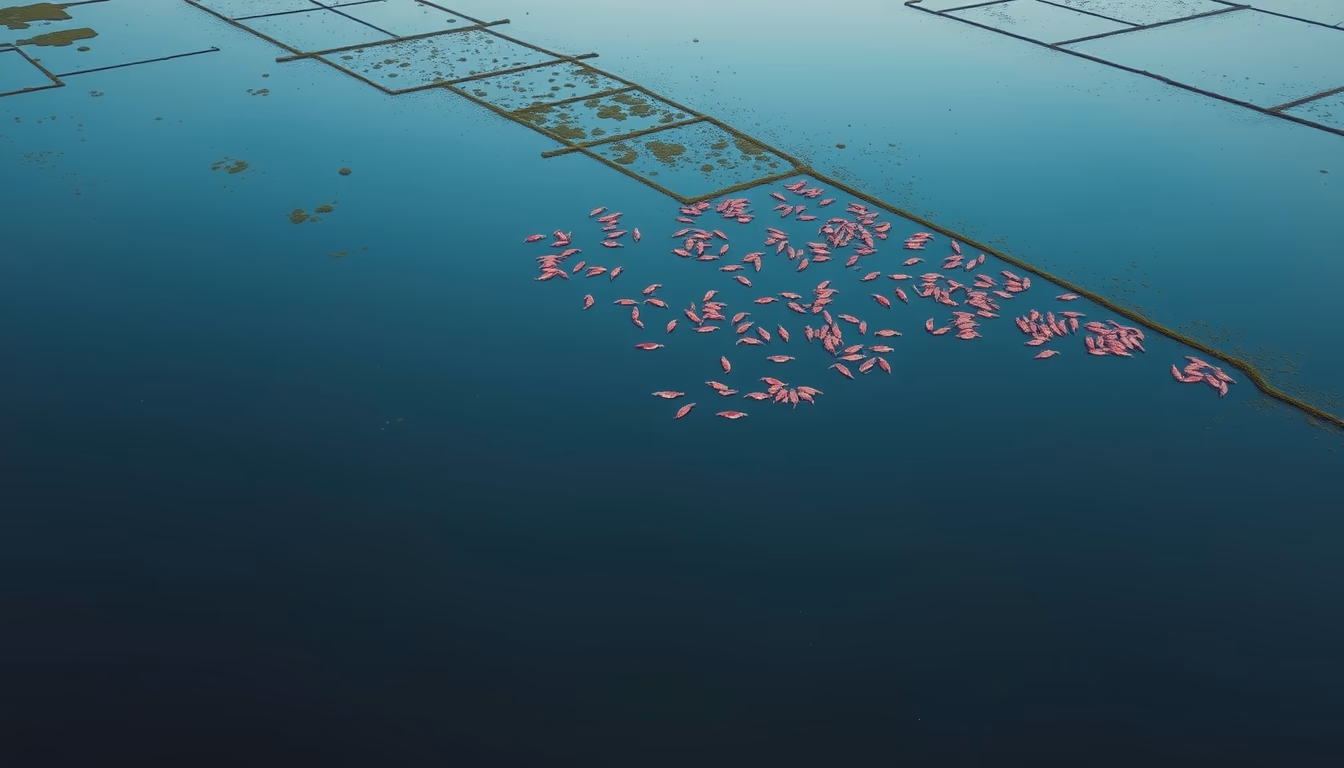 shrimp farm aerial in editorial style