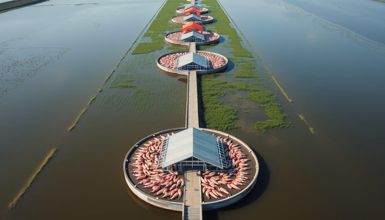 shrimp farm aerial in editorial style