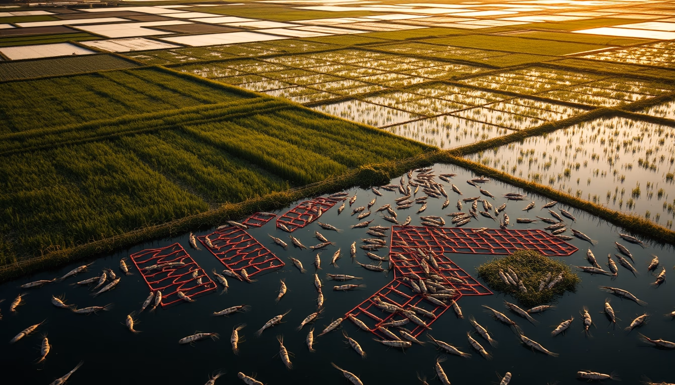 shrimp farm aerial in editorial style