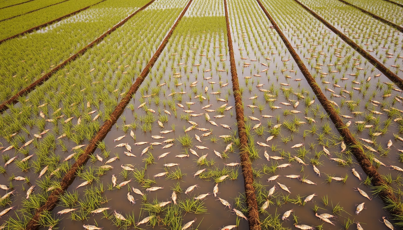 shrimp farm aerial in editorial style