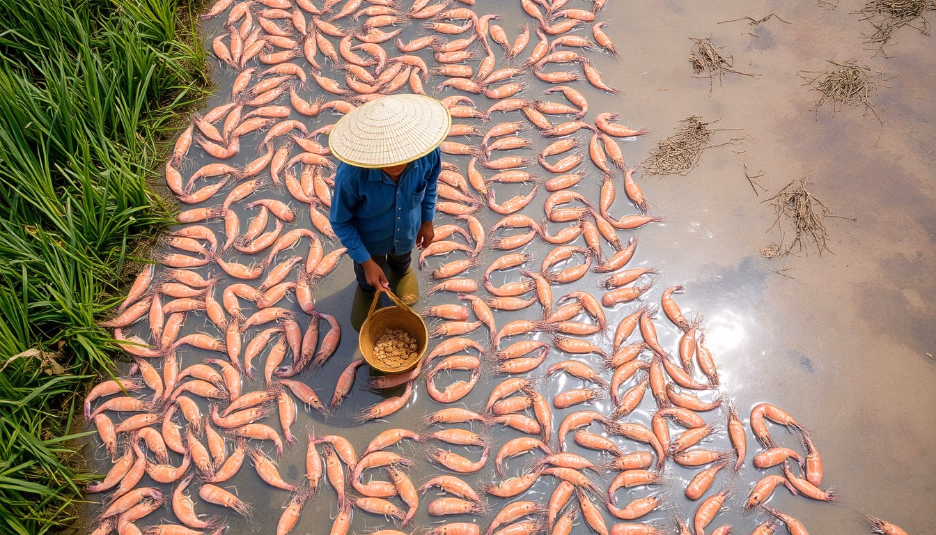 shrimp farm aerial in editorial style